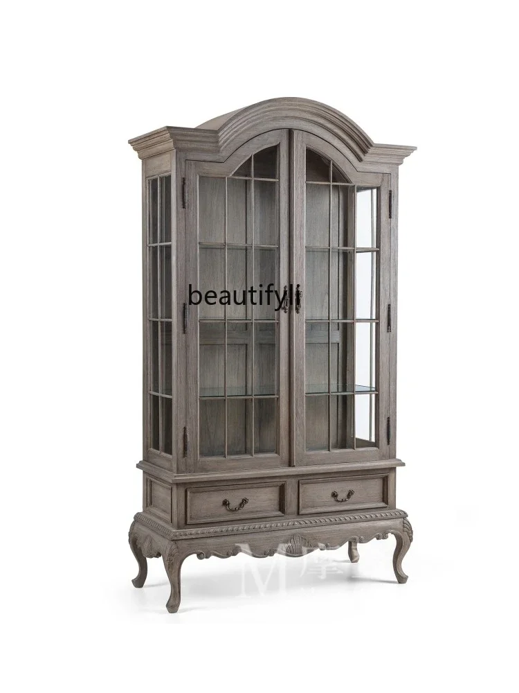 American country retro old oak wine cabinet glass double door arch, living room, dining side cabinet