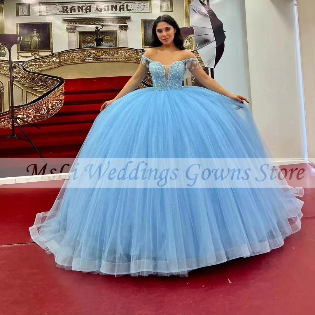 

Light Blue Quinceanera Dresses Ball Gowns Beads Sequined Tassel Strapless Graduation Party Prom Dress 15 vestidos de fiesta