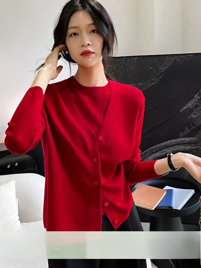 

Faionable lectual 6 Needle Yangzhou Wool Knitted Sweater Cardigan Set Ele Casual Spring Collection for Women