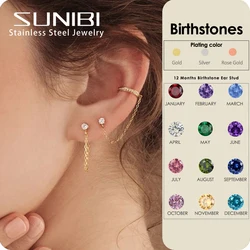 Ladies Birthstone Chain Stud Earrings Gold Plated Stainless Steel 12 Zodiac Color Earring Jewelry for Woman Gift Wholesale