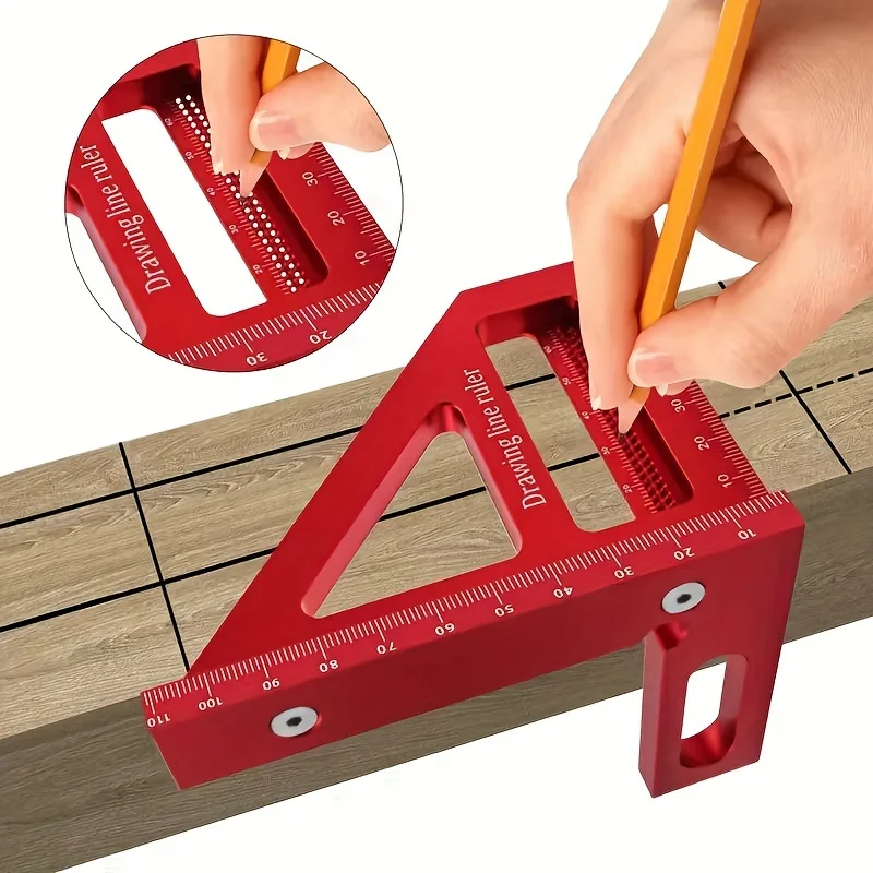 

1pc Aluminum Alloy Square Protractor, Precision Miter Triangle Hole Ruler, 3D Multi-Angle 45/90 Degrees, Layout Measuring Woodwo