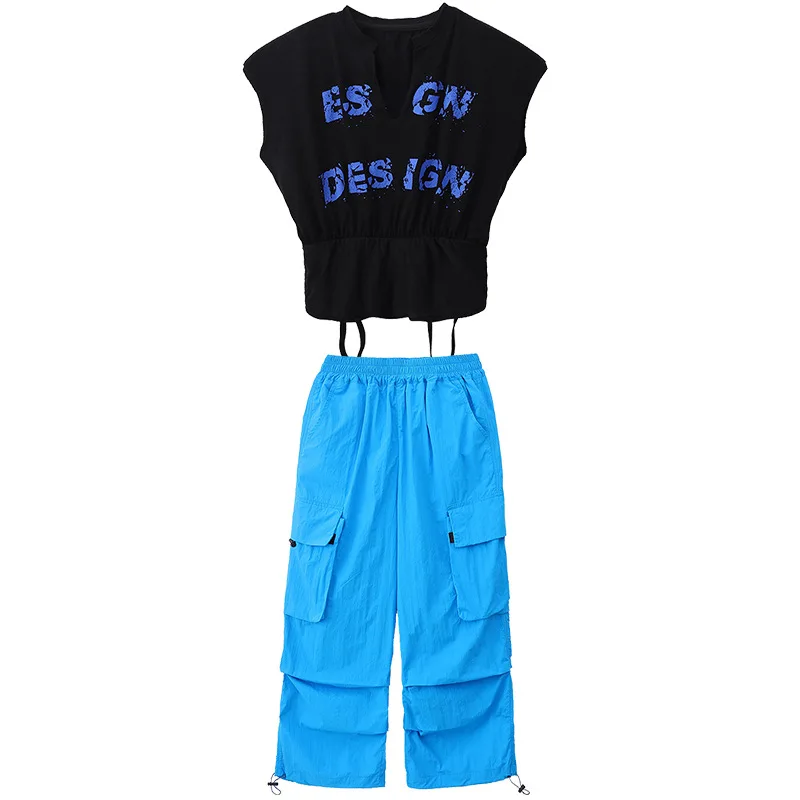 Disfraz de Hip Hop para niña, Tops cortos de verano, pantalones Cargo sueltos, ropa de práctica de Jazz para baile callejero, ropa de actuación moderna, BL11225, 2023