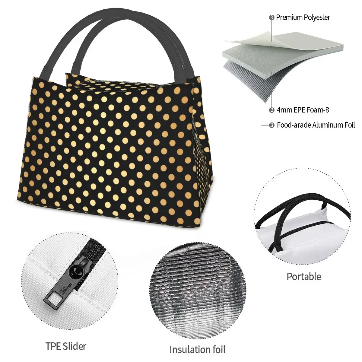 Vintage Polka Dots Lunch Bag Black And Gold Office Lunch Box Child Aesthetic Designer Thermal Tote Handbags Oxford Cooler Bag