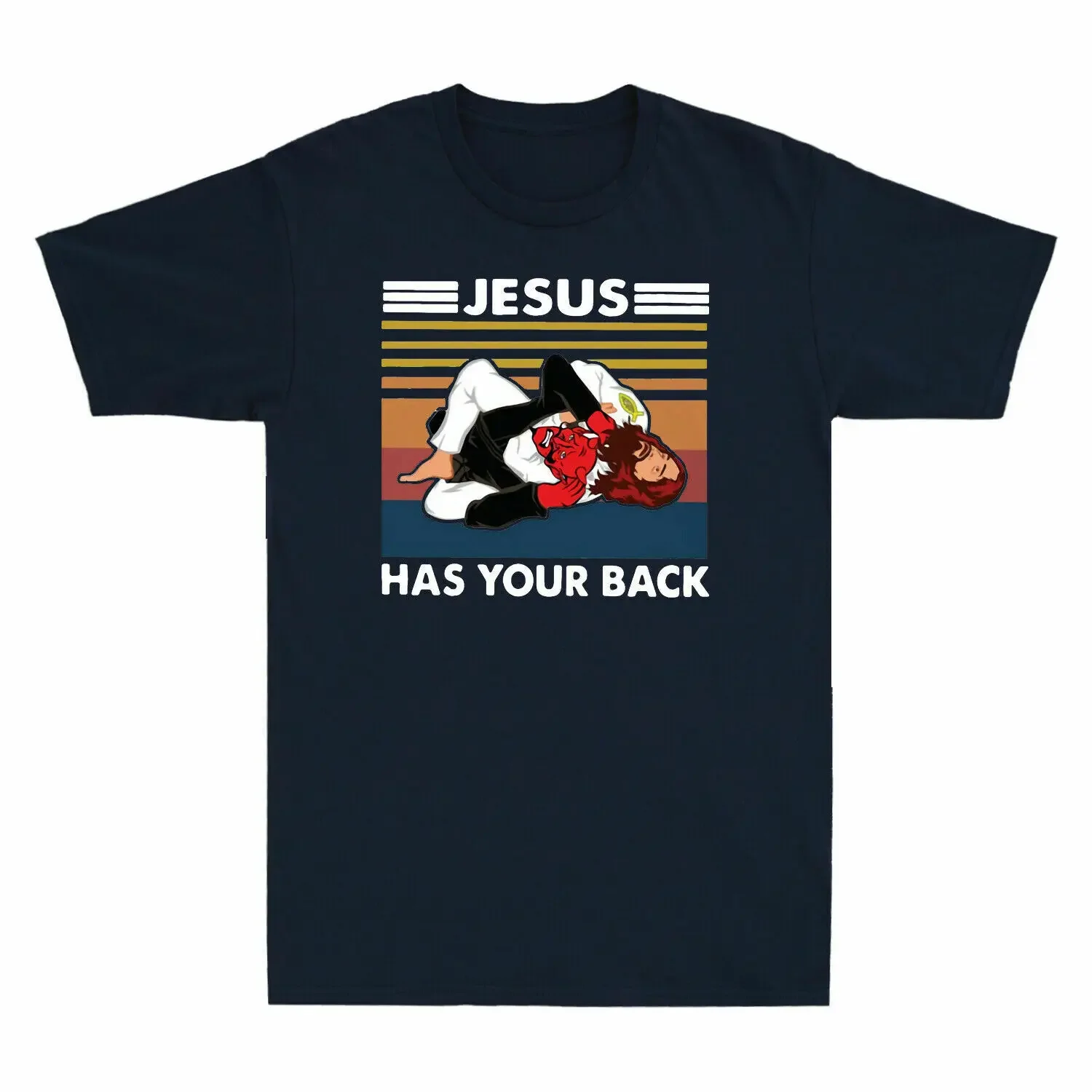 

Funny Jesus Has Your Back Vintage Christian Jiu Jitsu Gift T-Shirt 100% Cotton O-Neck Short Sleeve Summer Casual Mens T-shirt