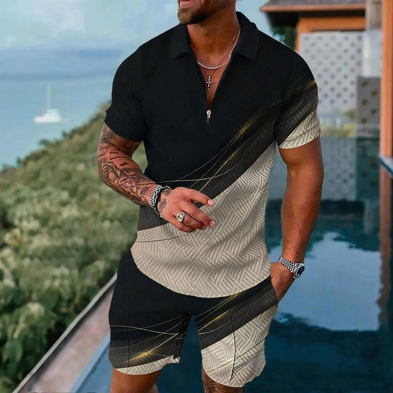 Men's Polo Shirts Short Sleeve Sets Casual Simple Style Two Piece Outfit Fashion Zipper Tops Shorts Suit Summer Street Clothing