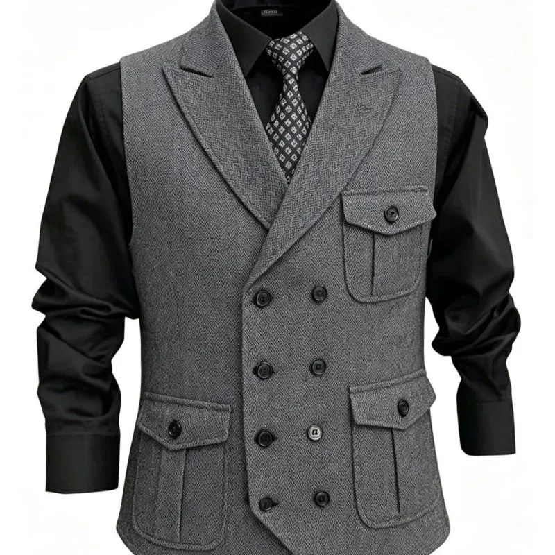 Spring and Autumn Collection of Men's Herringbone Denim Vests The Herringbone Pattern Denim Vest Stylish British-style Outerwear
