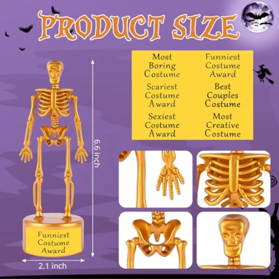 6pcs Halloween Best Costume Skeleton Trophy, Gold Skull Bone Contest Event Trophy Party Favor Prize Game Award Reward Treat wit