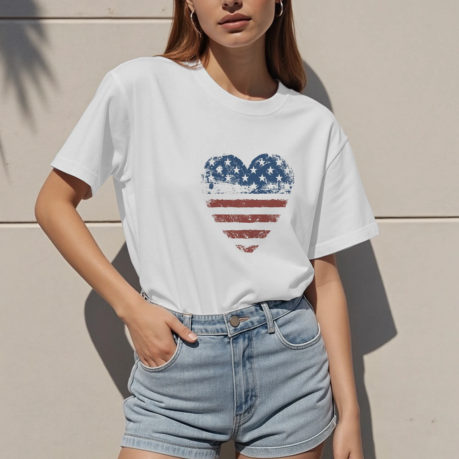

Short-sleeved T-shirt top with national flag pattern design for women, casual, stylish, versatile, breathable, and daily wear