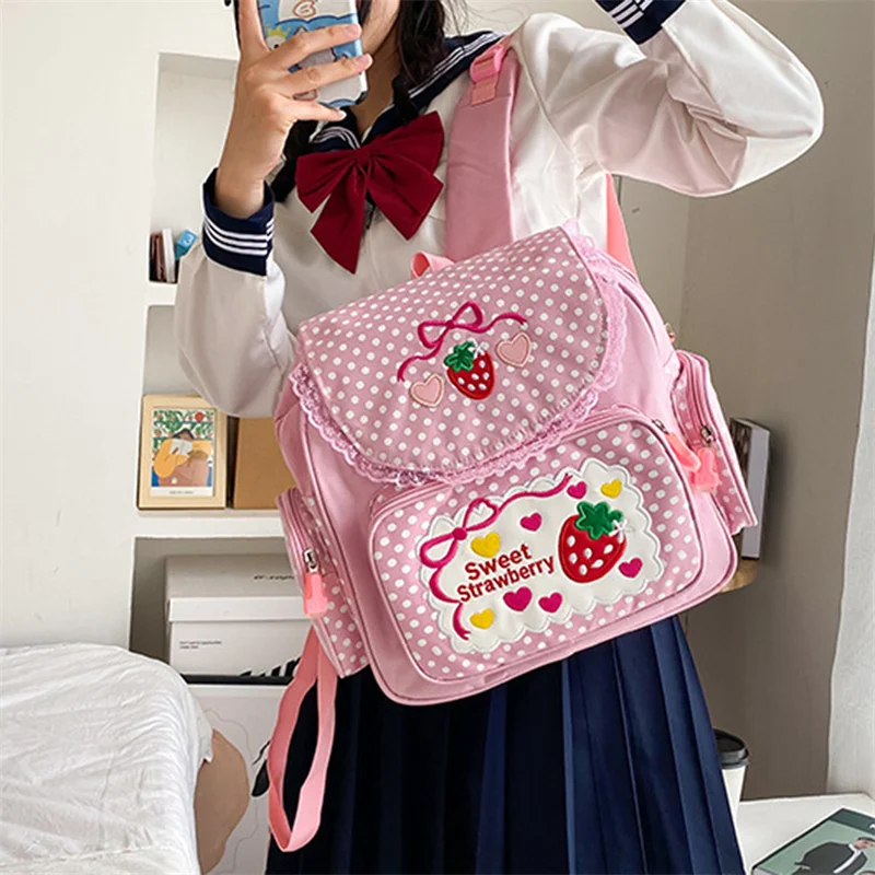 Japanese Schlool Bags Backpack Kids Cute Soft Girl Sweet Lovely Embroidered Fruit Strawberry Lace Girl Student Schoolbag Girl