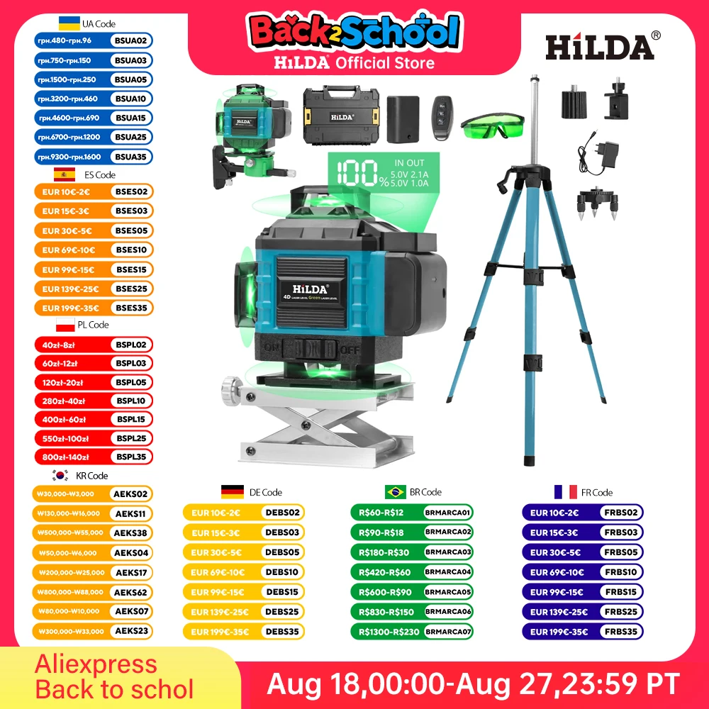 Livella laser professionale HILDA 4D 16 linee con treppiede per bagagli e accessori 360 °   Linea verde verticale orizzontale autolivellante