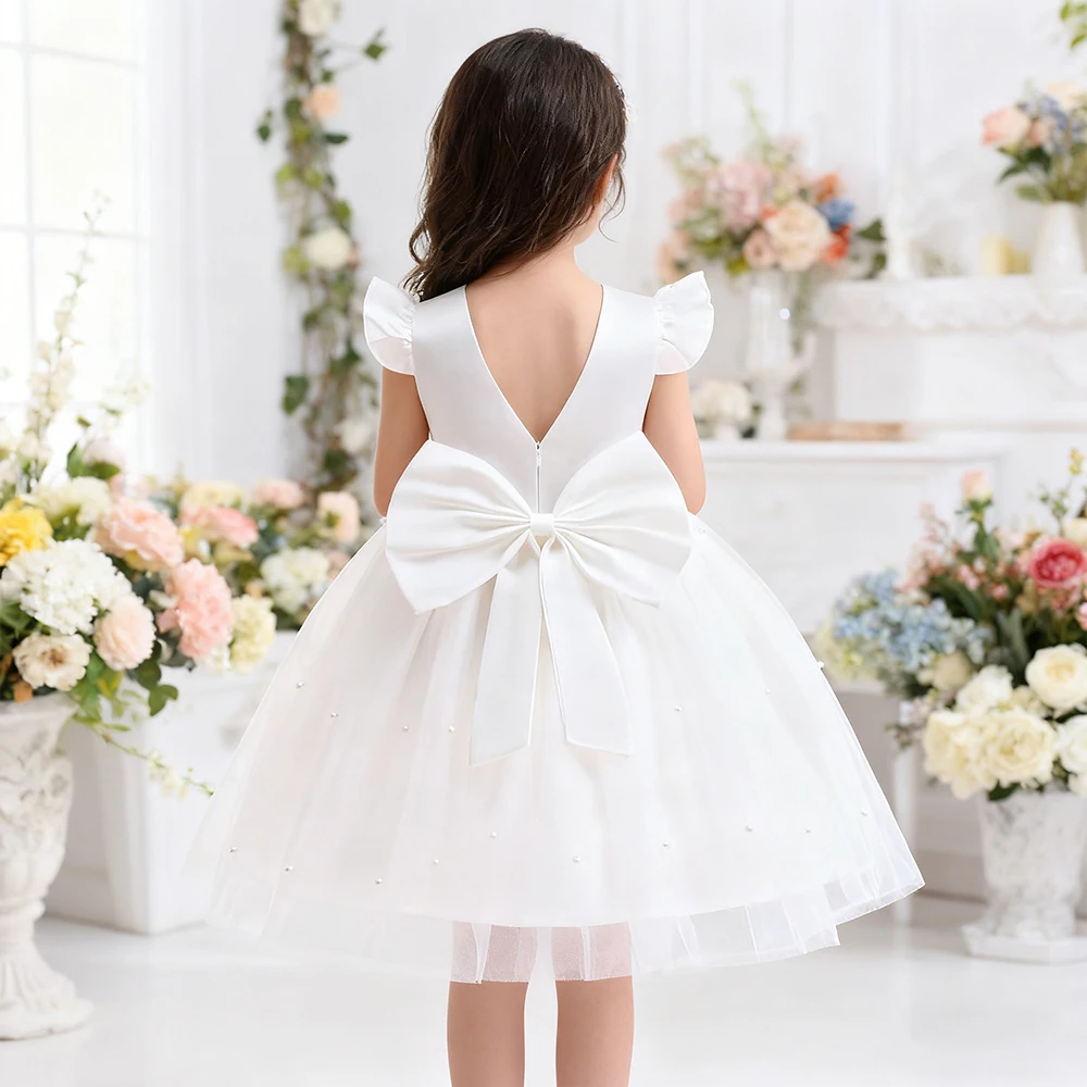 Elegant Girl Princess Wedding Dress Children's Baptismal Costume First Communion White Dress Gown Birthday Girls Party Dresses