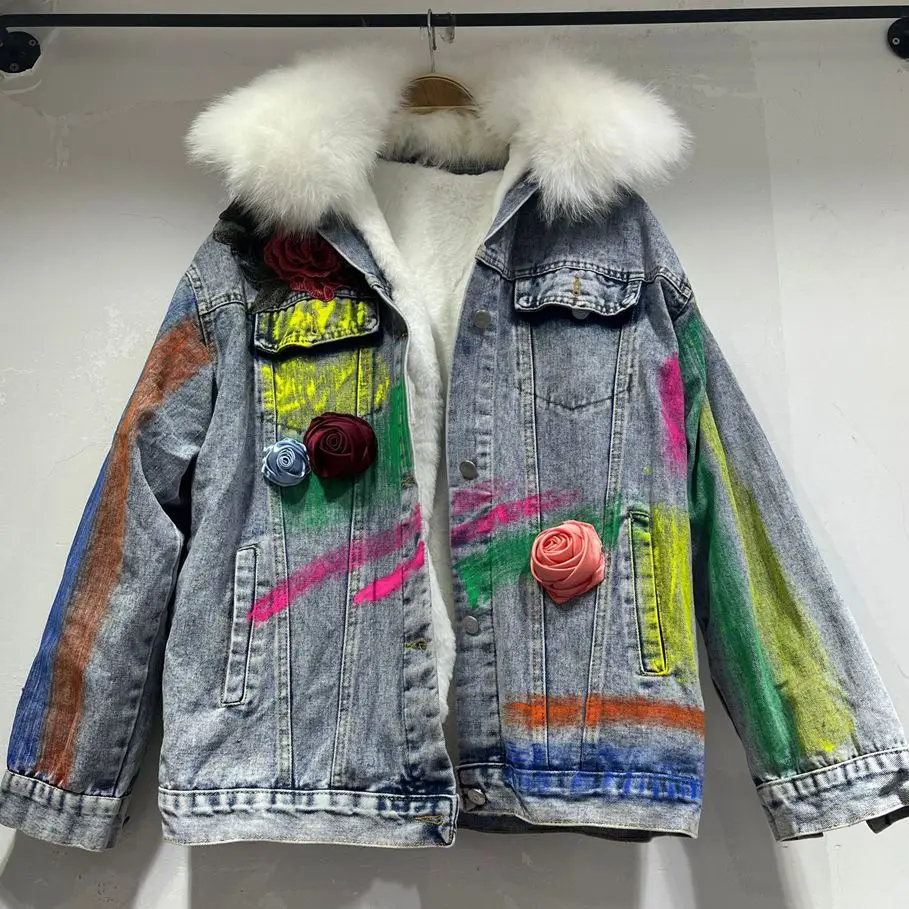 Imagem -05 - Inverno Gola de Pele de Raposa Denim Parkas Feminino Chique Carta Graffiti Solto Denim Jaqueta Grossa Forro de Pele do Falso Cabolsa Streetwear Y3330