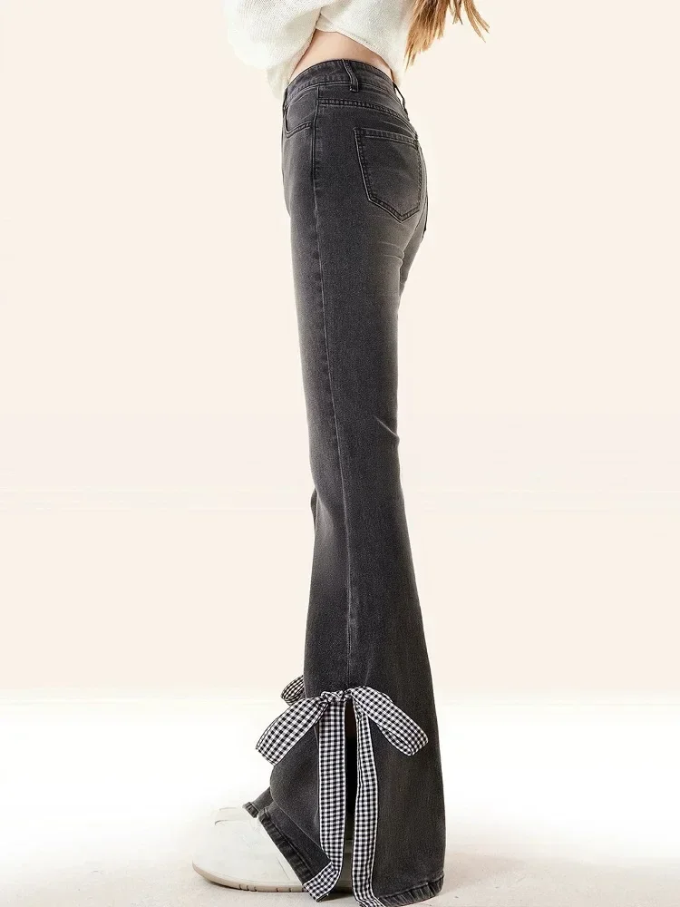 

Vintage Black Gothic Check Bow Flared Pants Women American Retro Harajuku 2000s Aesthetic High Waist Denim Pants Trashy Clothes