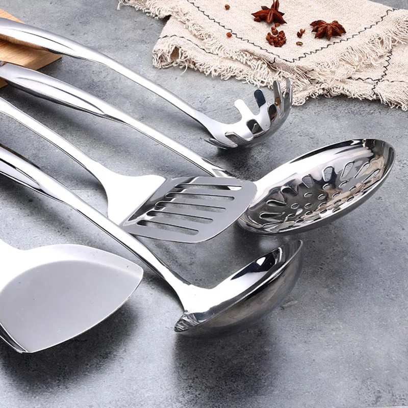 Stainless Steel Cooking Tools Set, Heat-resistant Kitchen Utensils - Turner, Soup Ladle, Strainer, Pasta Server, Rice Spoon