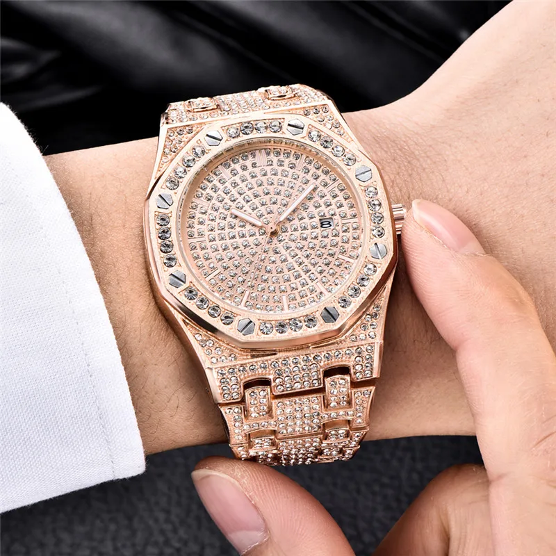 Cool Diamond Brand Watches For Men Montre Fashion Alloy Band Hip Hop Golden Gifts Date Quartz Clock Relogio Masculino Ouro 2023