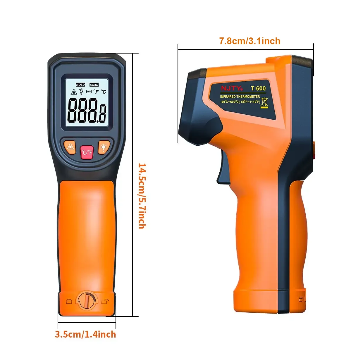 NJTY T600A T600 Digitales Infrarot-Thermometer -58 ° F bis 1112 ° F (-50 ℃ bis 600 ℃ Professionelle industrielle Laser-Temperaturmesspistole – Detail 11