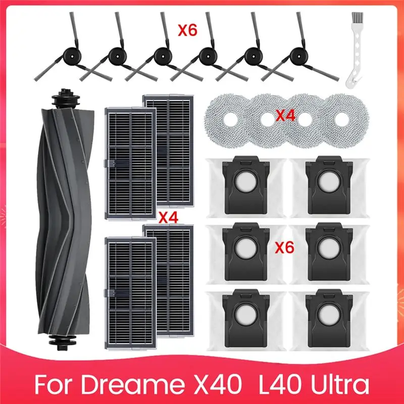 

HLZS-Accessory Set For Dreame X40 & L40 Ultra Vacuums Main Side Brush Hepa Filter Mop Cloth Dust Bags
