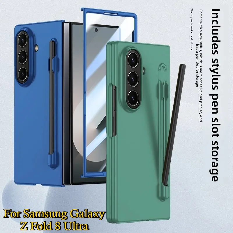 Matte Solid Color Pen Holder Plastic Cases for Samsung Galaxy Z Fold 8 Ultra Wide 7 6 5 with Stylus 9H HD Screen Protector Cover