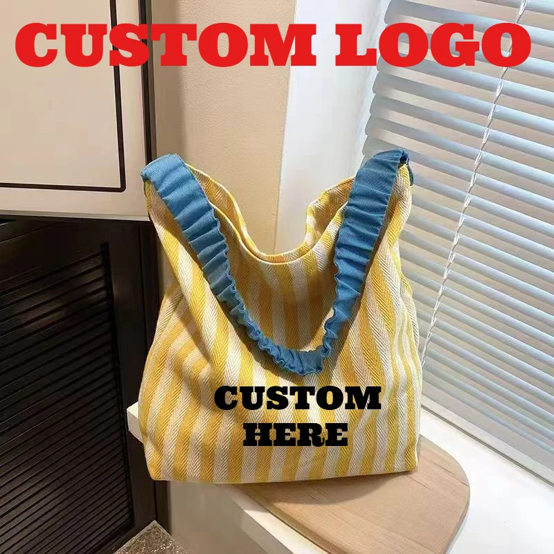 Custom Print Logo Contrast Stripe Bucket Bag Handbag Japanese Fashion Shoulder Art Environmentally Friendly Shopping Bags Women