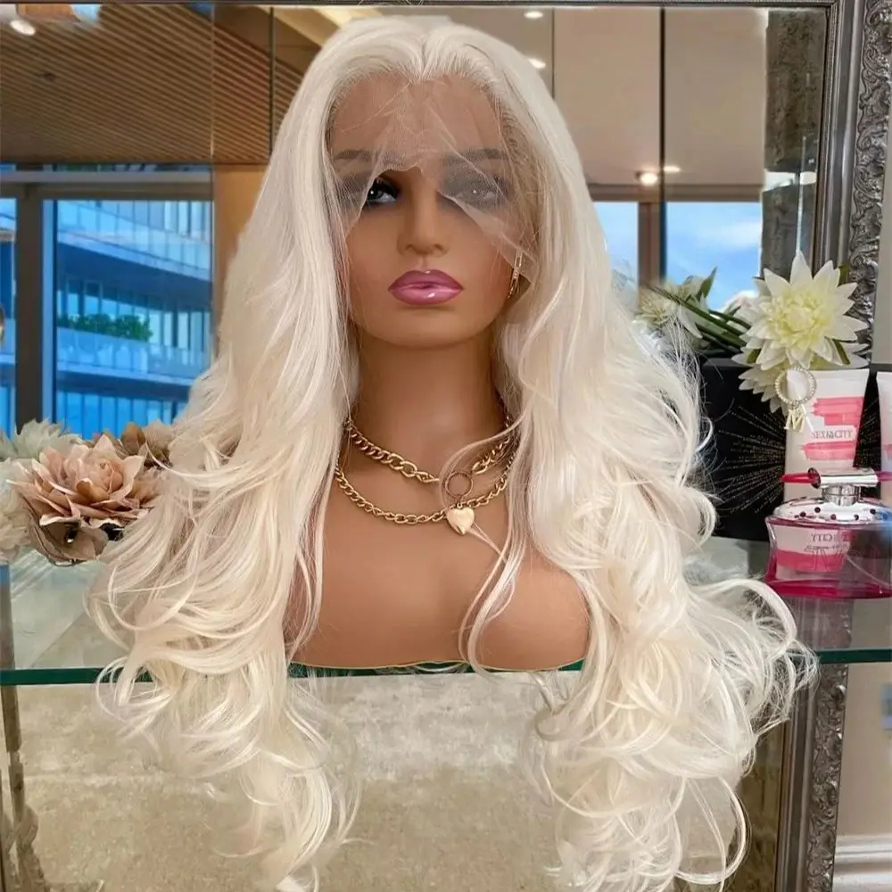 

MXWIGS Body Wave Platinum Blonde Synthetic Lace Front Wigs with Free Part Natural Hairline Long Wavy Wigs Daily Cosplay Wigs