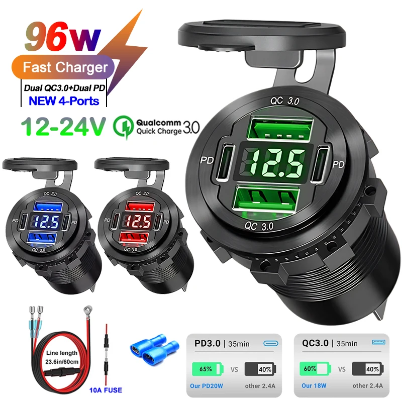 

12V/24V USB C Car Charger Socket Waterproof USB Fast Charging Socket Dual PD3.0 & QC3.0 Power Outlet Adapter with LED Voltmeter