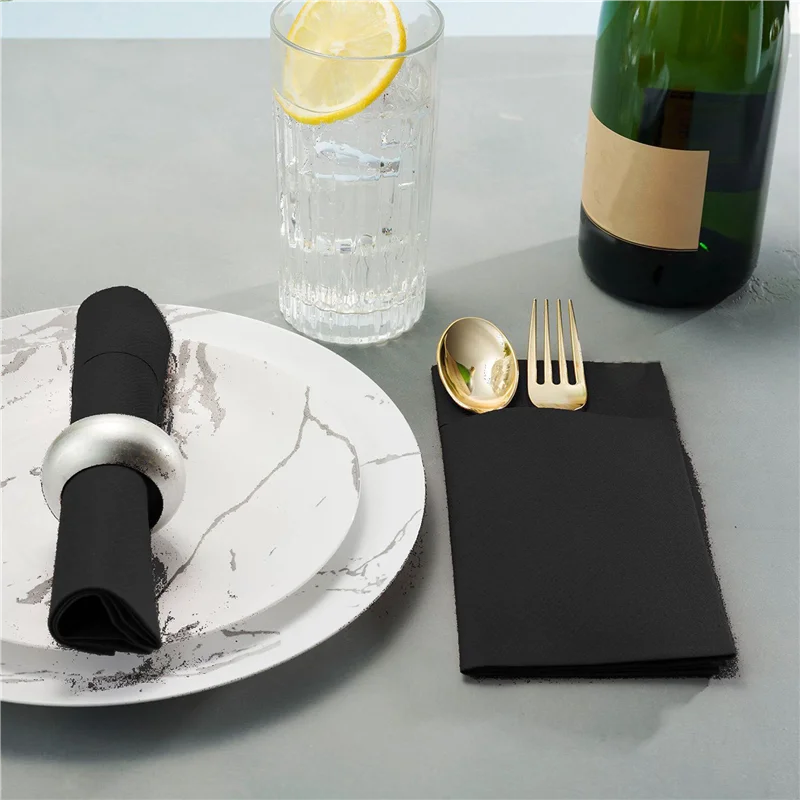 

A98E-250PCS Disposable Dinner Napkins With Built-In Flatware Pocket,Prefolded Cloth Like Paper Napkins Black