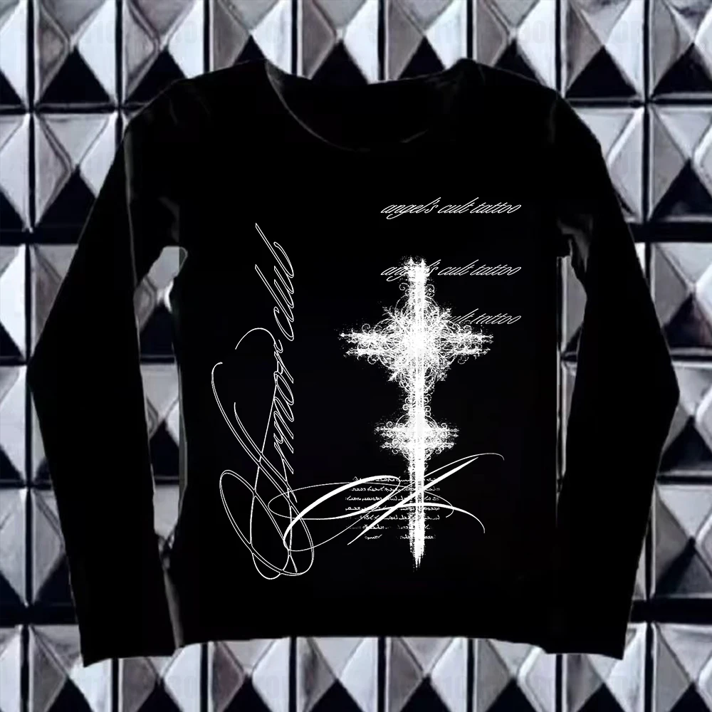 Y2k gothic punk streetwear women's summer casual garbage pattern print slim fit long sleeved T-shirt 2000s top retro electronic