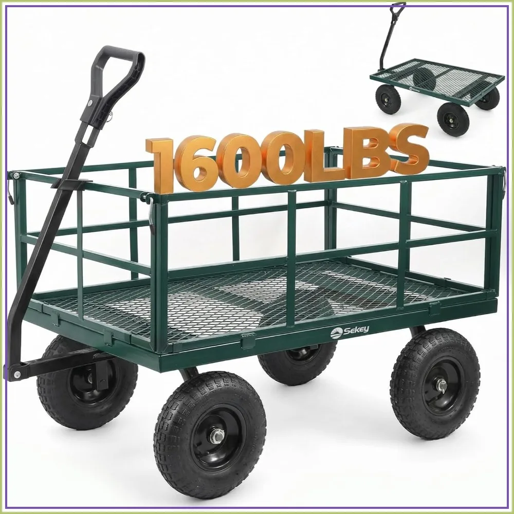 1600 lbs Heavy Duty Steel Garden Cart, 12 Cu Ft Utility Wagon, Removable Sides, 2-in-1 Handle, 13