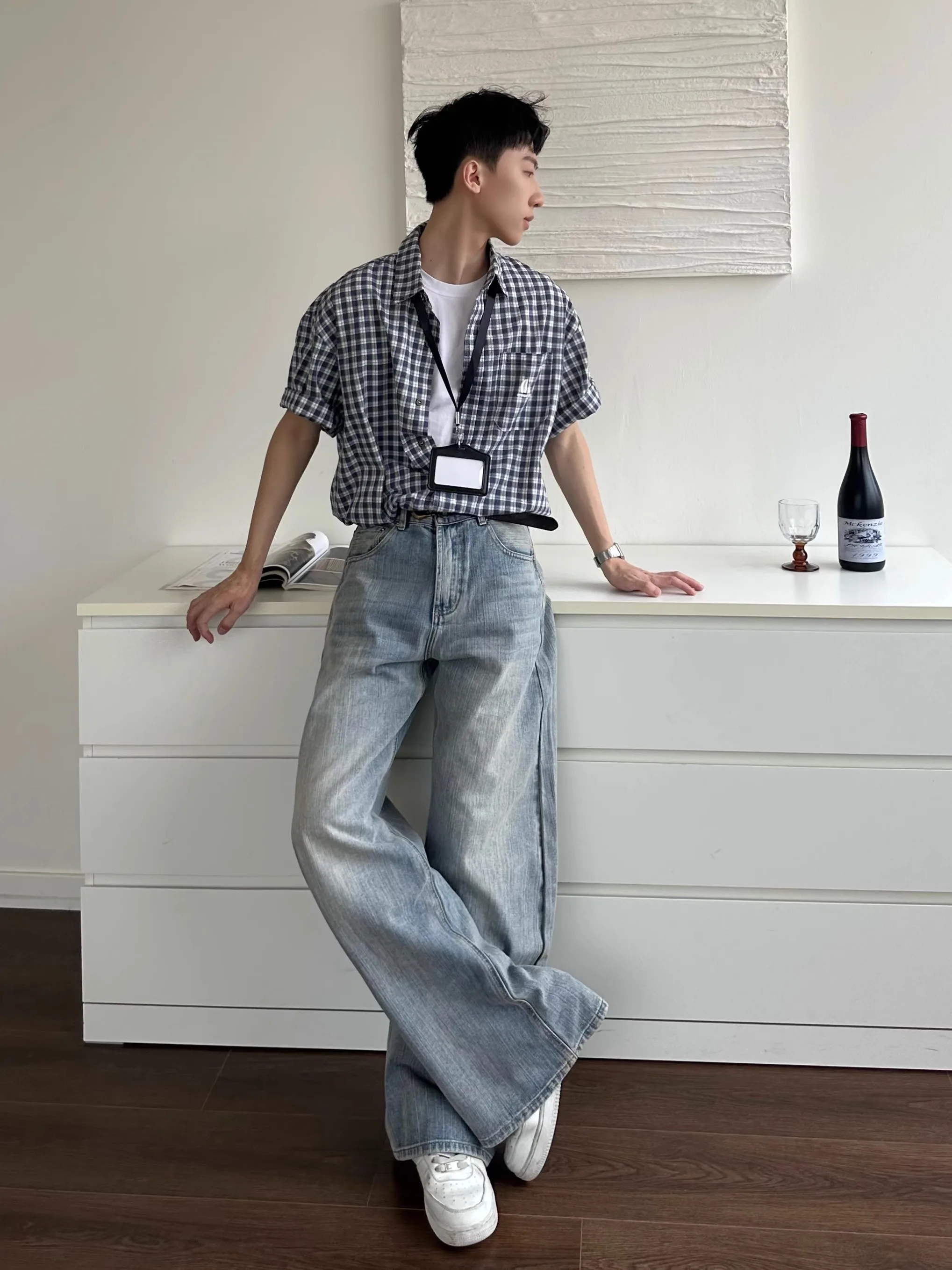 

Американские ретро с вертикальной полосой для мужчин и женщин, свободные прямые повседневные джинсы с ножом, широкие брюки с низкой талией на молнии Fly