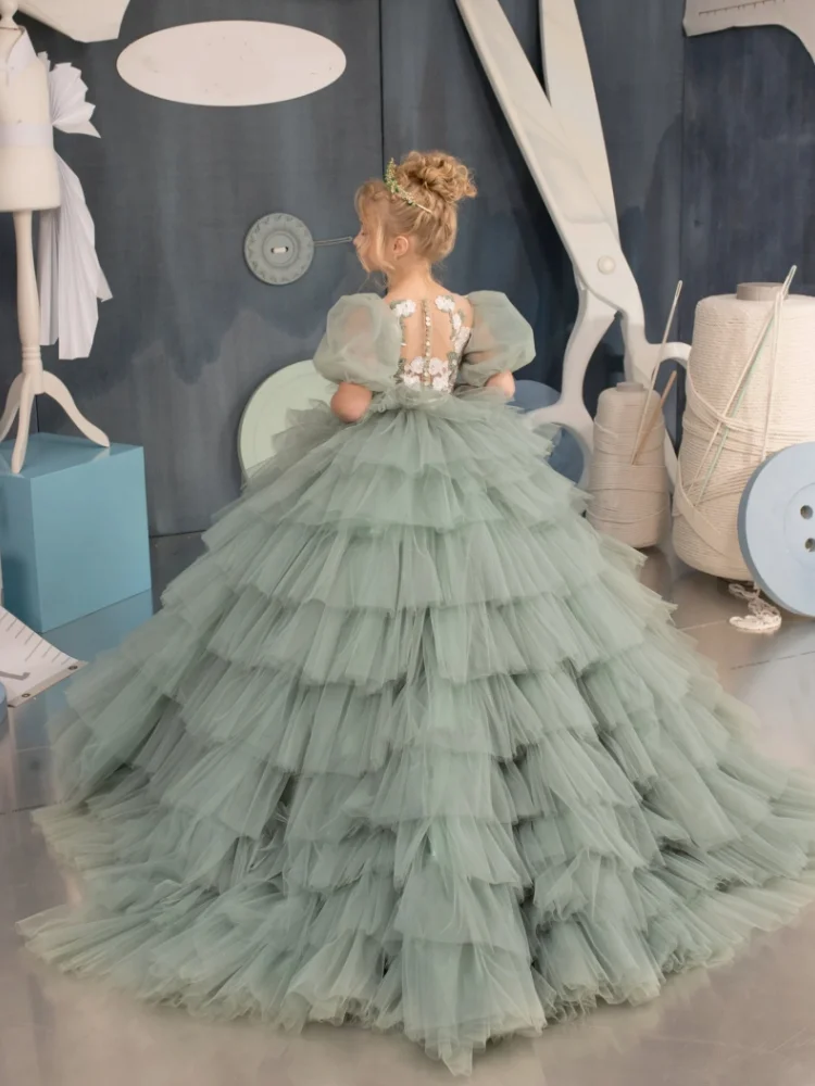 Flower Girl Dresses Green Tulle White Figure Appliques Tiered Half Sleeve For Wedding Birthday Banquet Princess Gowns