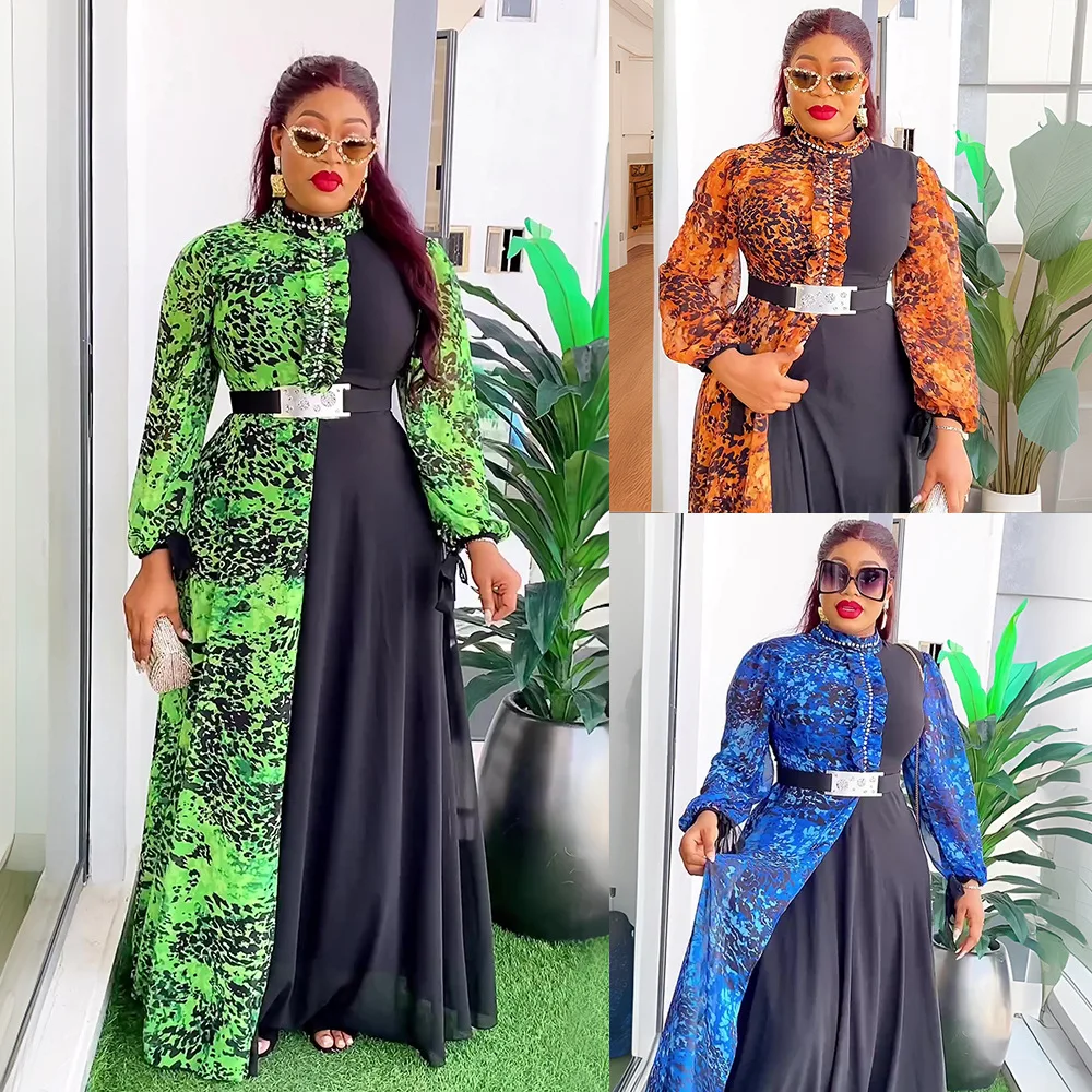 

New rican Large Size Women's Dr Cross-Border Chiffon Print Splicing Color Blo Long Skirt High Waist A-Line Gown