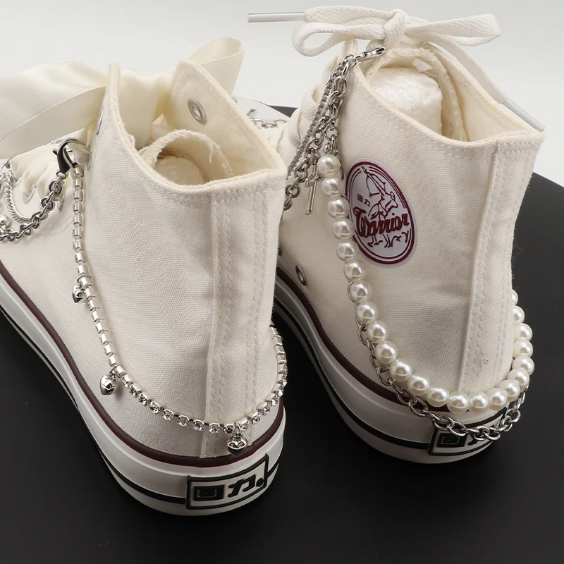 1Pcs Metal Shoe Decorations Bling Rhinestone Chain For Women Sneaker Star Love Pendant Pearl Bracelet Canvas Shoes Accessories