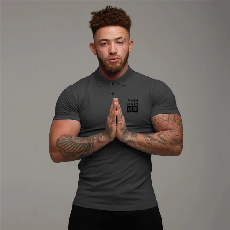 Summer Cotton Breathable Polo Shirts Men\'s Slim Fit Button Lapels Short Sleeve Sports Shirt Gym Fitness Bodybuilding Tees Tops