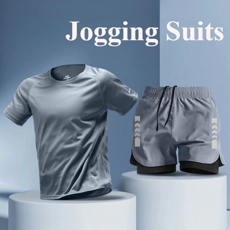 

Summer Fitness Sportswear for Men Running Short-sleeved T-shirt and Shorts Two-piece Set, Breathable Quick-drying Casual Wear