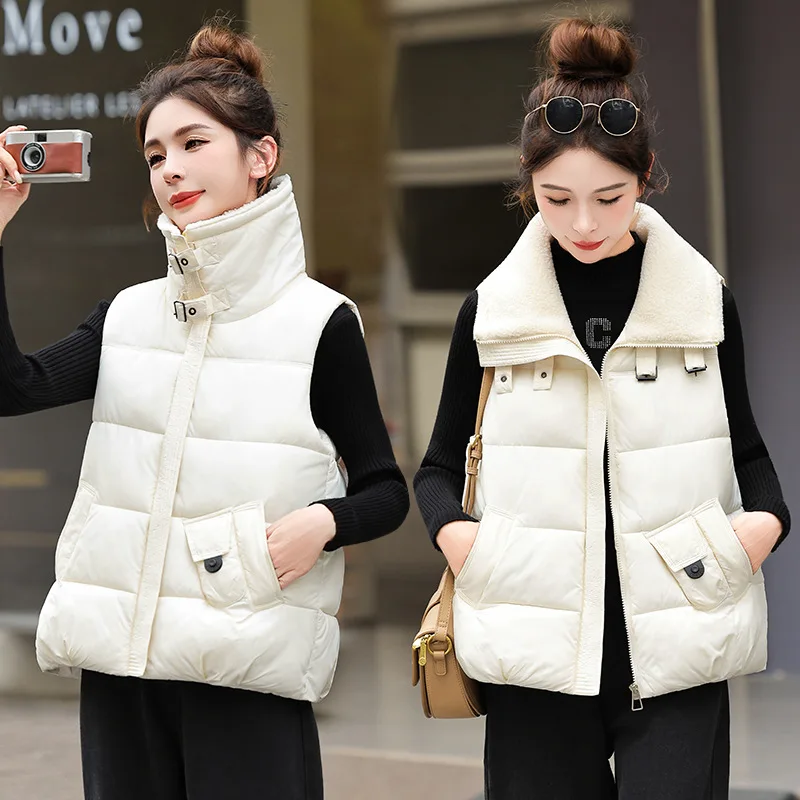 

Faionable Thiened Collar Women's Vest Jacket Korean Style Cotton Coat Autumn Winter New Arrival Commute Style Pure Color