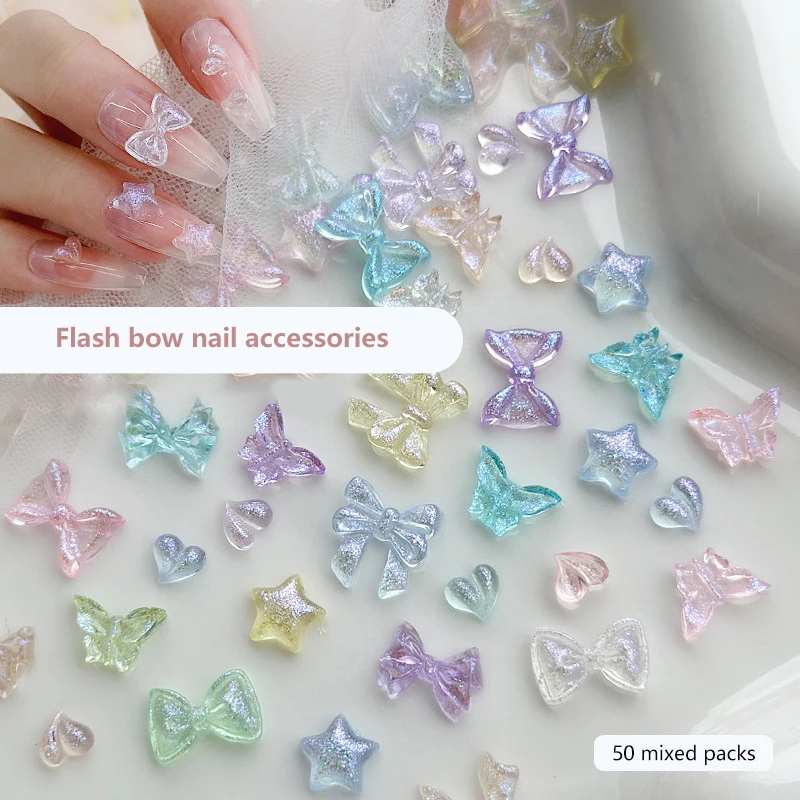 

50pcs Bow Heart Star Shaped Nail Decoration Glitter Mixed Stereoscopic Nail Accessories Nail Painting Nail Salon Nail Artists