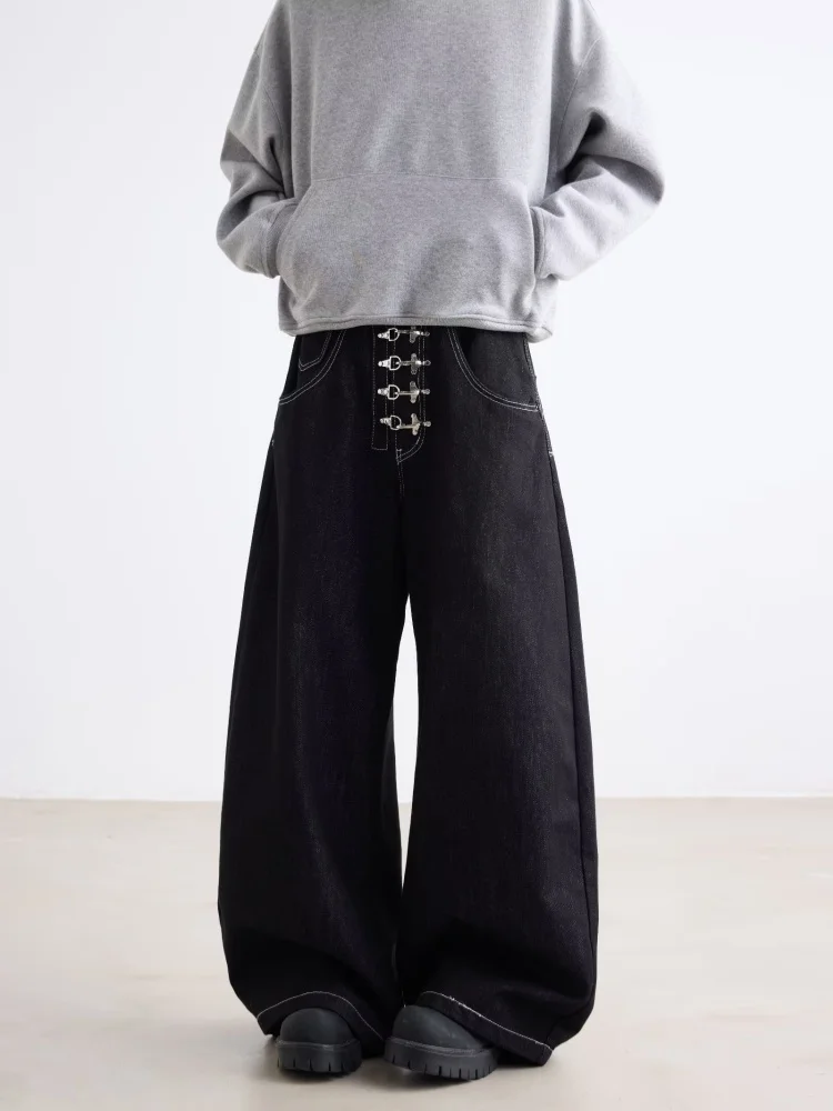 2026 Cyber Y2K Streetwear Button Fly Design Black Baggy Jeans Pants For Men Clothing Straight Cotton Long Trousers Ropa Hombre