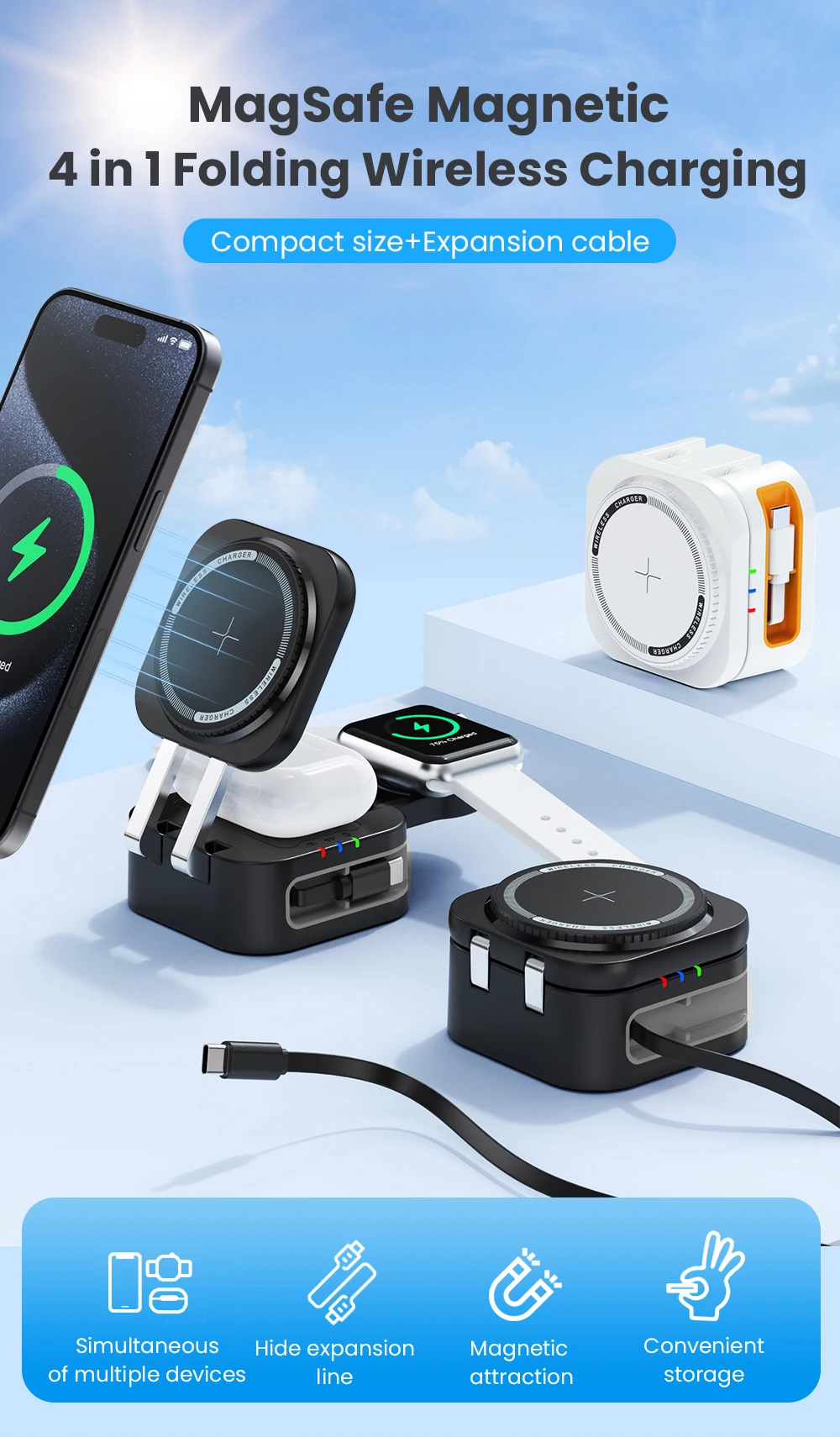 3-in-1 Magnetischer Faltbarer Reise-Schnell-Ladeständer für Magsafe iPhone 16 15 14 13 12 Pro Apple Watch 2-9 SE Airpods Pro – Detail 1