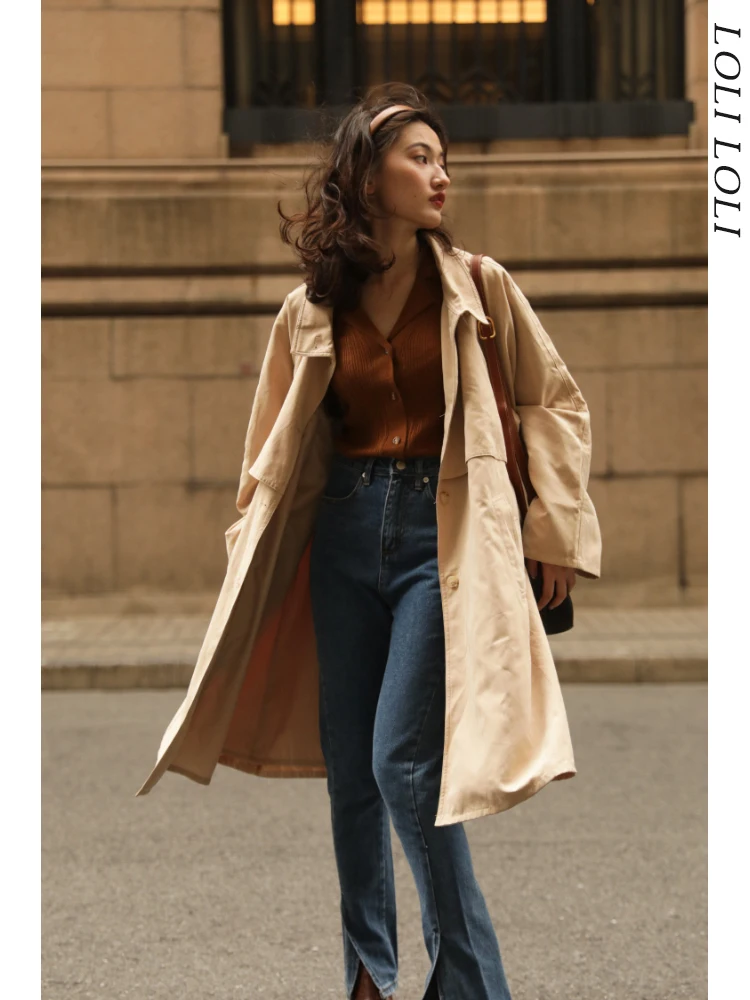 

Ohmyloli Vintage Single-Button Long Sve Stand Collar Loose Fit Midi Coat Women's Autumn Faion Outerwear Straight Cut