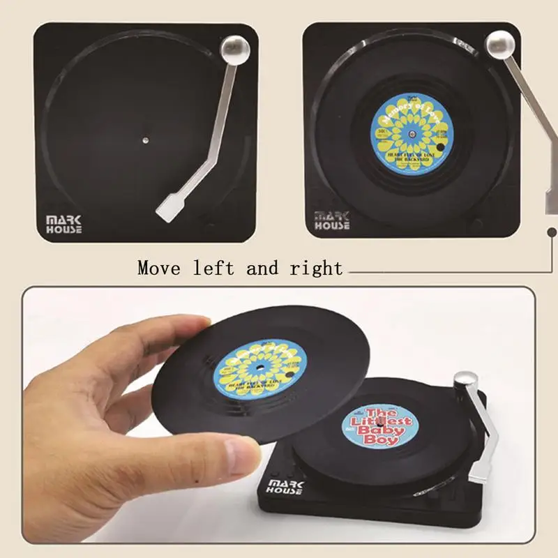 Creative Set of 6 Vinyl Coasters for Drinks Music Coasters with Vinyl Record Player Holder Retro Record Disk Coaster Mug Pad Mat