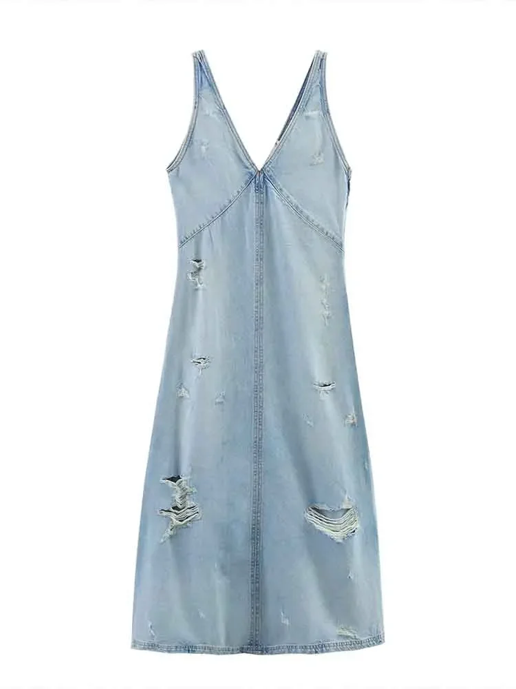

European style new women's fashion versatile temperament ripped V-neck sleeveless vest denim dress