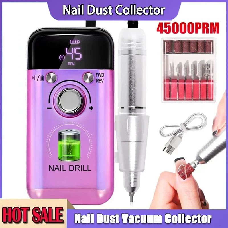 

Перезаряжаемая электрическая дрель для ногтей 45000 об/мин, профессиональные сверла для ногтей для гелевых ногтей, пилочка для ногтей, портативный маникюрный инструмент
