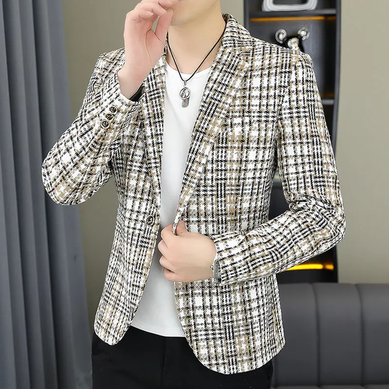 

Мужской осенне-весенний клетчатый приталенный повседневный костюм с длинными рукавами, модный молодежный костюм в корейском стиле, новая модель на все сезоны