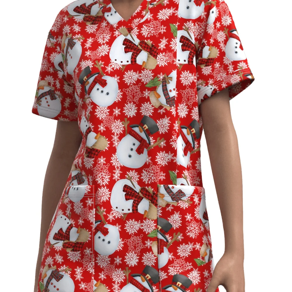 New Christmas Surgical Uniforms Woman Vet Dental Medical Uniform Microstretch V-Neck Short-Sleeve Tops Women's Medical Uniforms