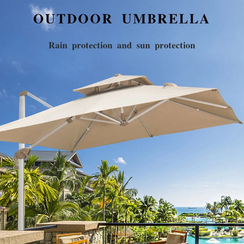 Double Tier Aluminum Patio Umbrella Center Light Waterproof Garden Courtyard Sunshade Cantilever Umbrella with Base