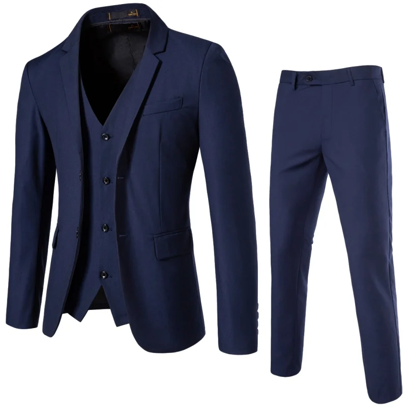 

2026 High-quality three-piece set, stylish and casual British-style wedding solid color wedding men's double-buttoned suit set