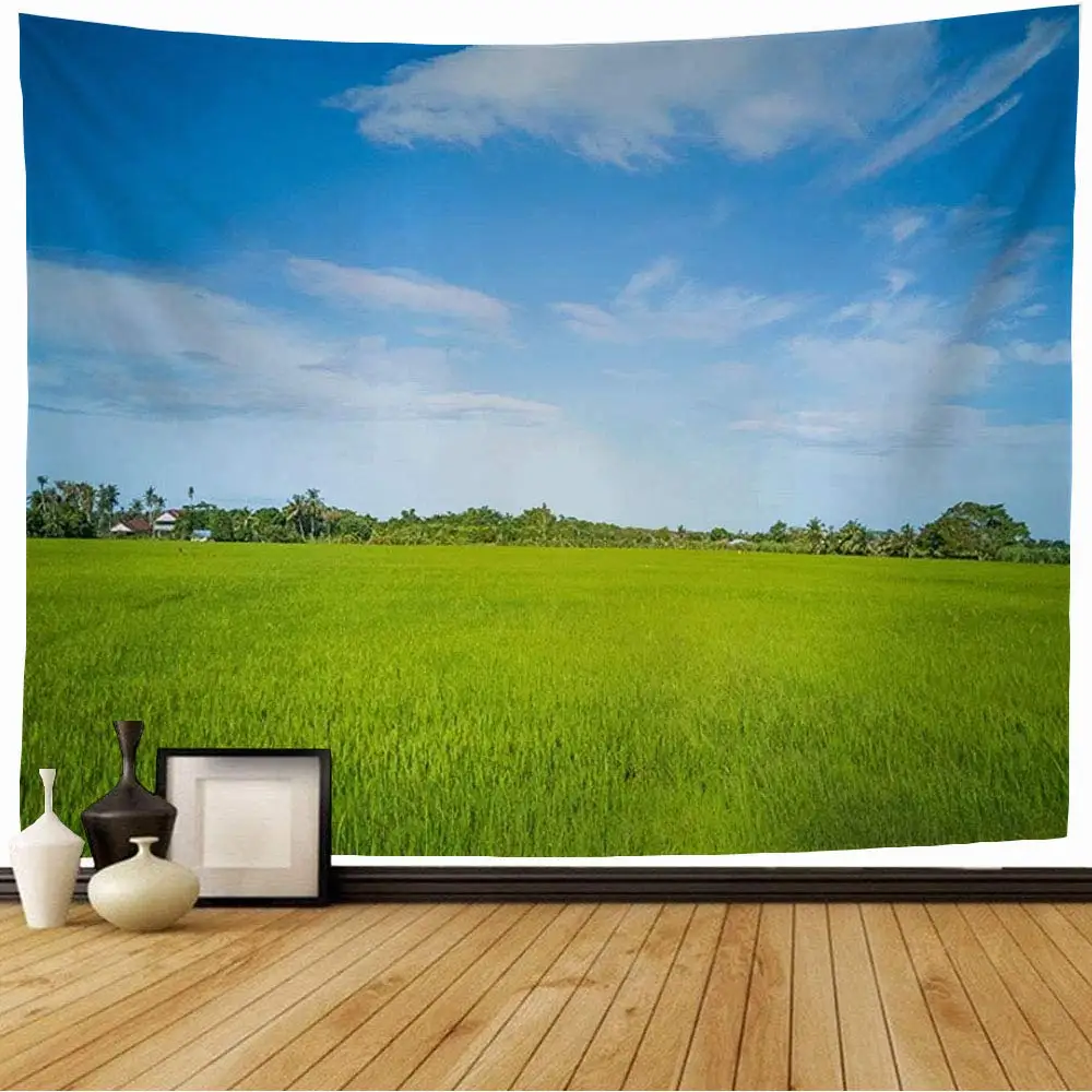 Green Field Grass Tapestry Country Meadow Pasture Tapestry Nature Outdoor Tapestry Wall Hanging Decor for Bedroom Living Room