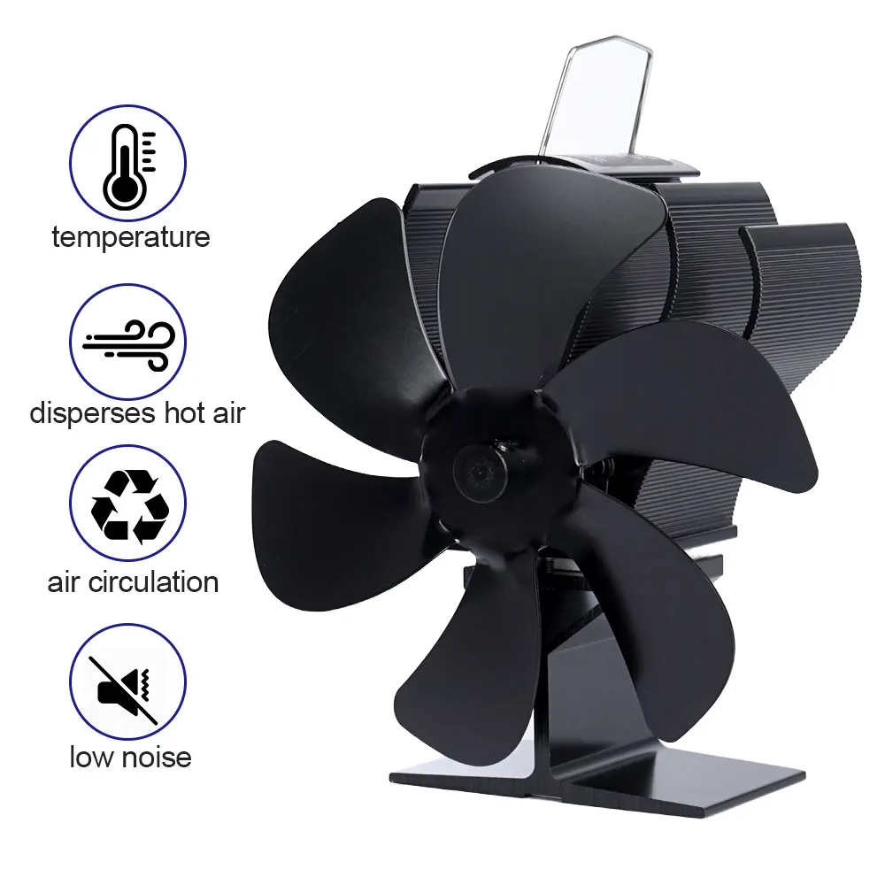 Black Fireplace Fan 6 Blades Heat Powered Stove Fan Log Wood Burner Eco Friendly Quiet Fan Home Efficient Heat Distribution