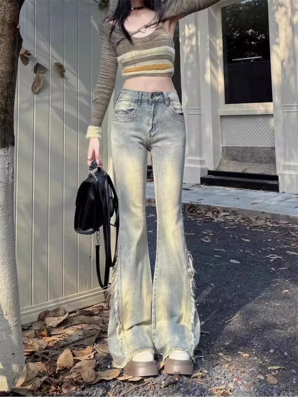 Y2k Vintage High Waist Flare Jeans Women Frayed Split Hem Washed Light Gray Bell Bottom Jeans Streetwear Casual Slim Denim Pants
