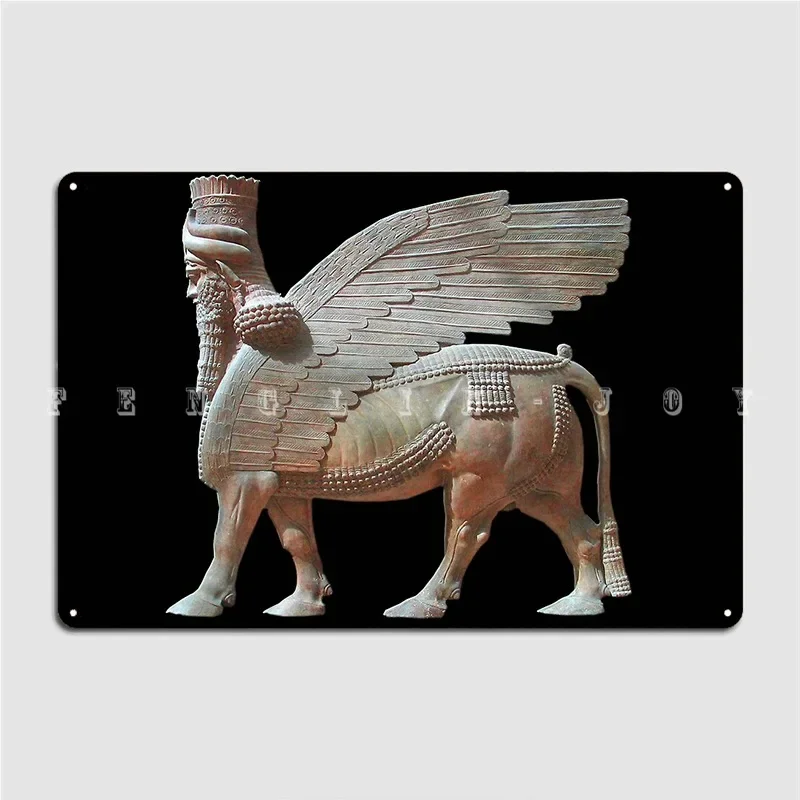 Assyria Assyrian Human Headed Winged Bull Lamassu Statue On Black Poster Metal Plaque Wall Cave Wall Decor Tin sign Posters